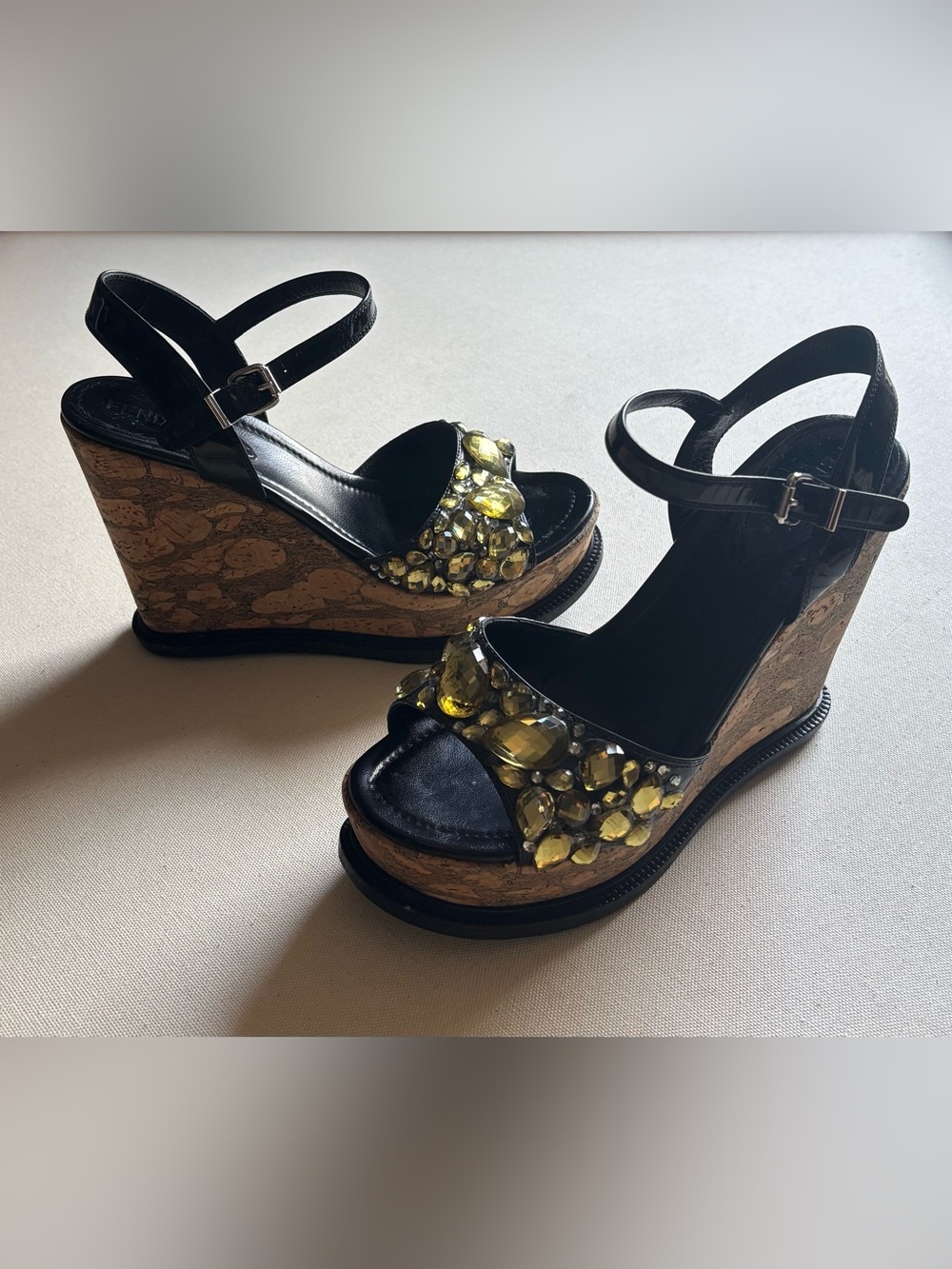Authentic FENDI Patent Leather Cork Wedge Sandals Custom Cristal Sz 40